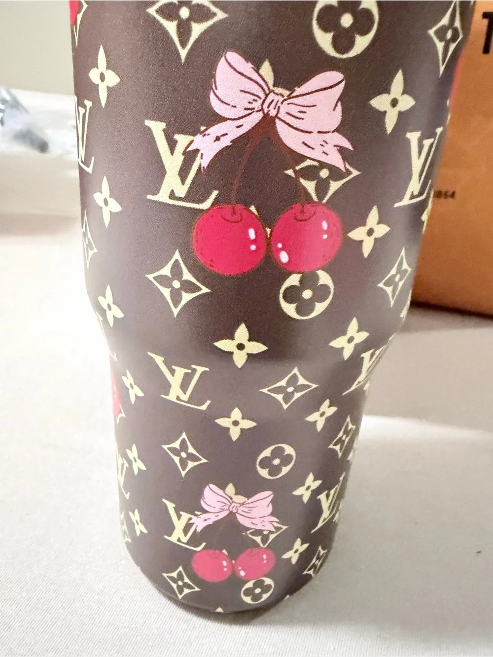 SOLD Stanley Cup - Brown Cherries Pattern with Pink Handle - Picture 3 of 5